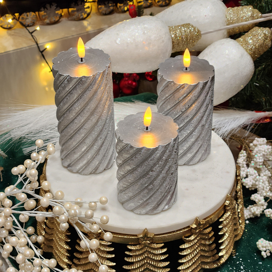 LED  Silver Wax Candles (Pack of 3) PartyPerfetto