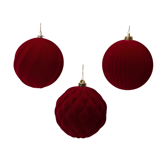 Burgundy  Flocked Baubles (pack of 3) Party Perfetto
