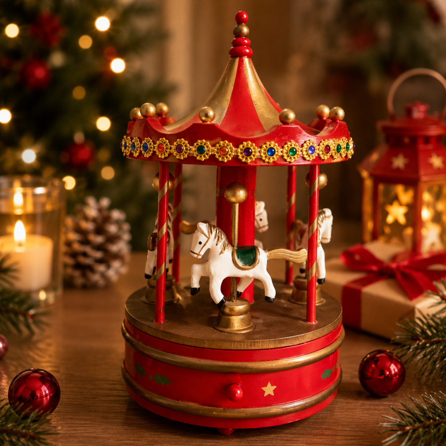 Wooden Style Christmas Carousel With Music Party Perfetto