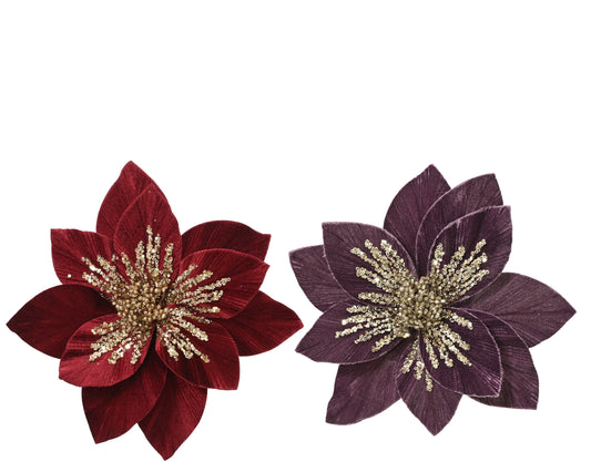Poinsettia on clip  Flower With velvet sparkle (Pack Of 2) Party Perfetto