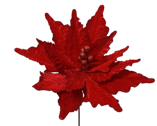 Poinsettia Flower With Small Berries  & glitter edge (H.66cm) Party Perfetto