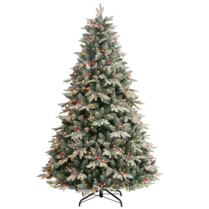 Pre Lit PVC Mix Snow Flock Red Berry Tree (9 Ft) PartyPerfetto