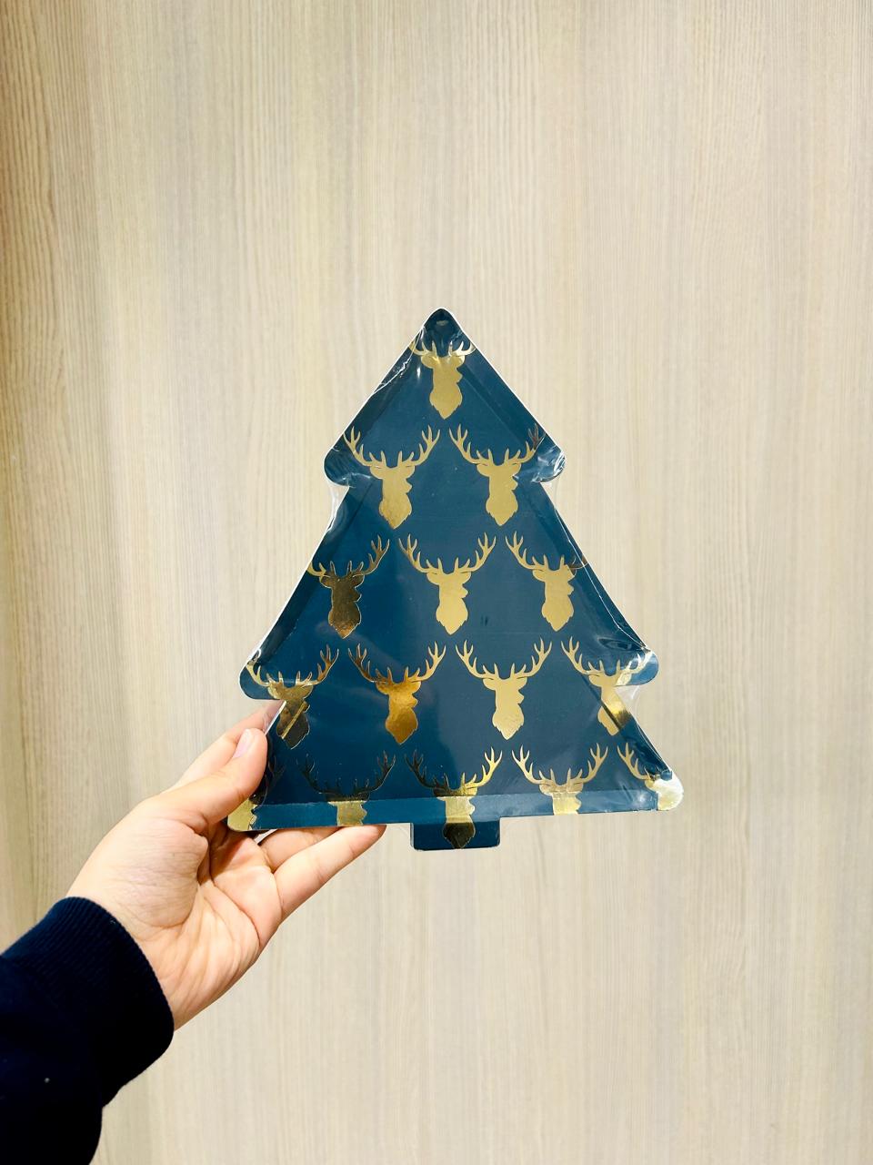 Reindeer Blue Tree Shaped Plates (Pack of 8) PartyPerfetto