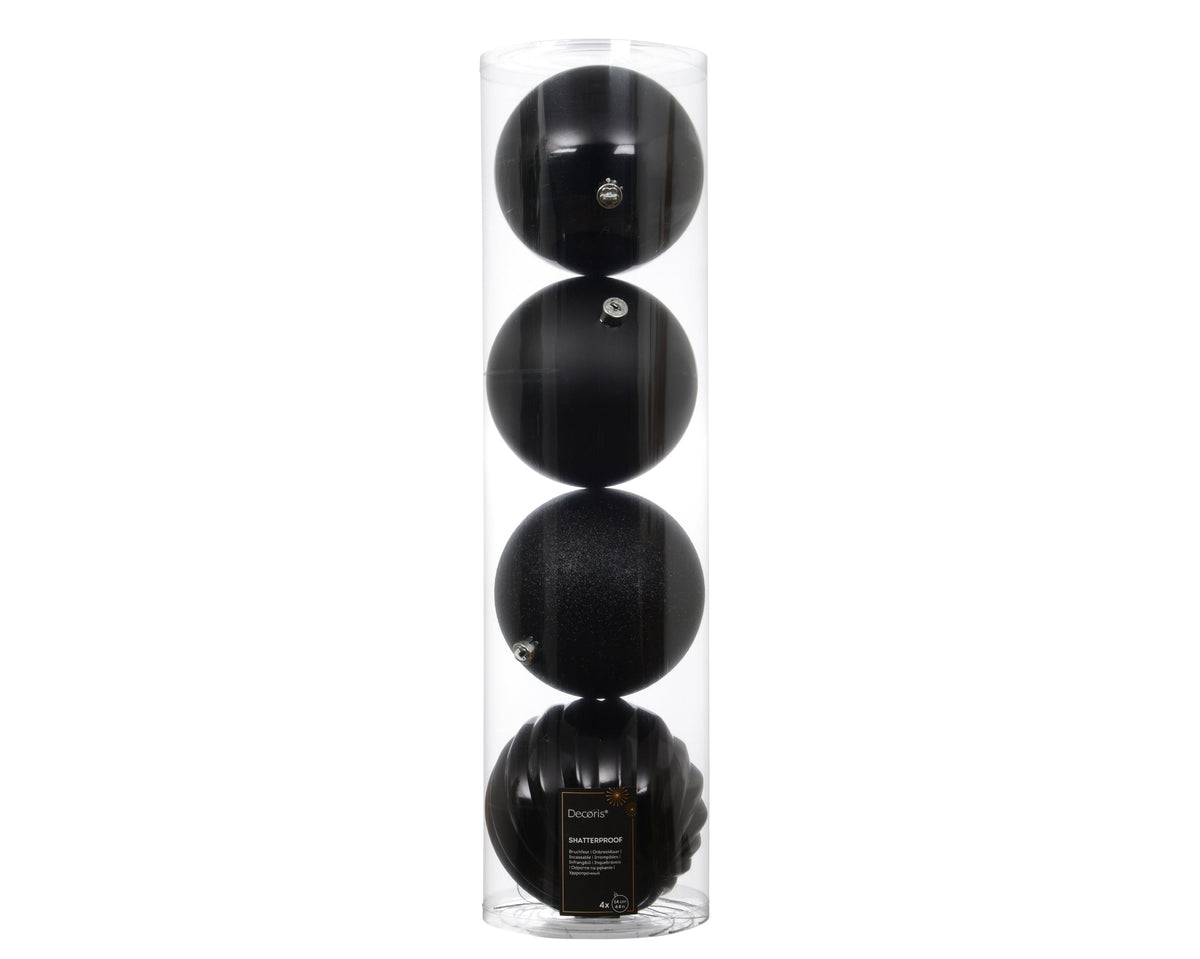Black Mix Glitter, Shine ,Matt Baubles Pack of 4 Party Perfetto