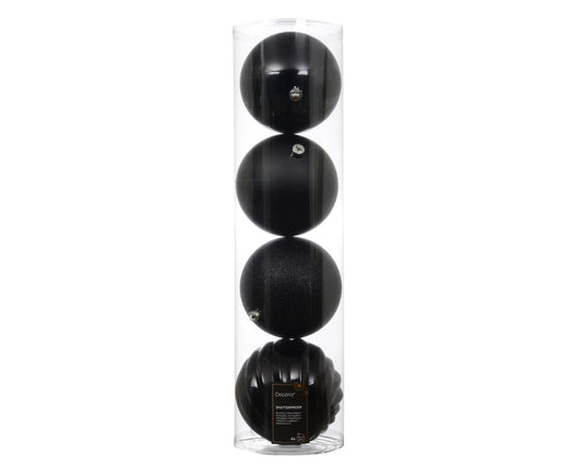 Black Mix Glitter, Shine ,Matt Baubles Pack of 4 Party Perfetto