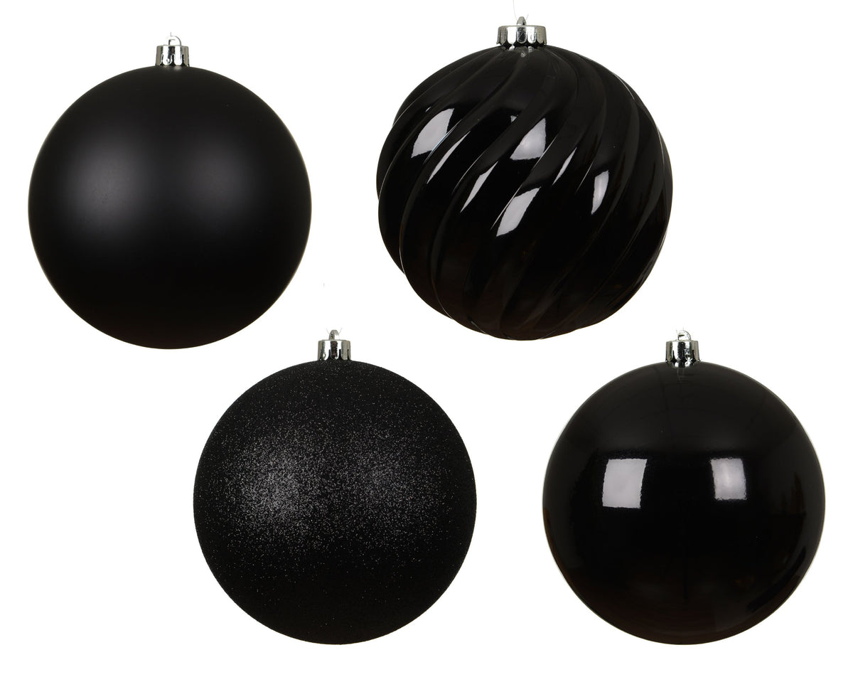 Black Mix Glitter, Shine ,Matt Baubles Pack of 4 Party Perfetto