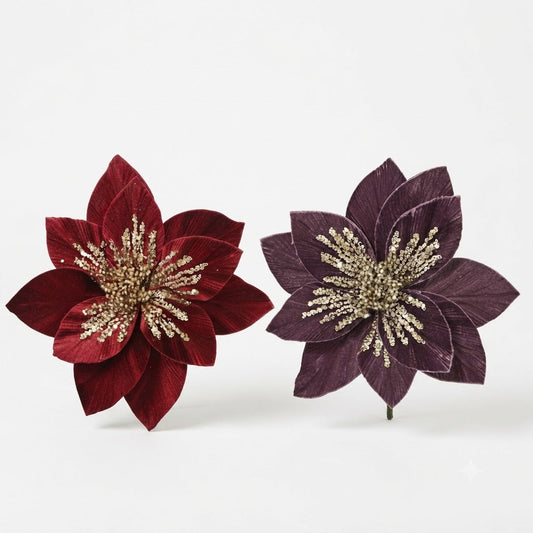 Poinsettia on clip  Flower With velvet sparkle (Pack Of 2) Party Perfetto