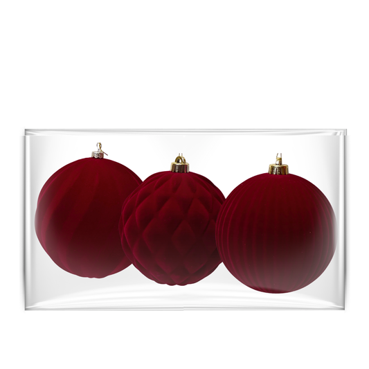 Burgundy  Flocked Baubles (pack of 3) Party Perfetto