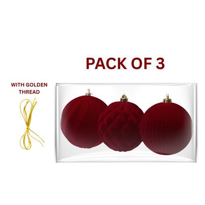 Burgundy  Flocked Baubles (pack of 3) Party Perfetto