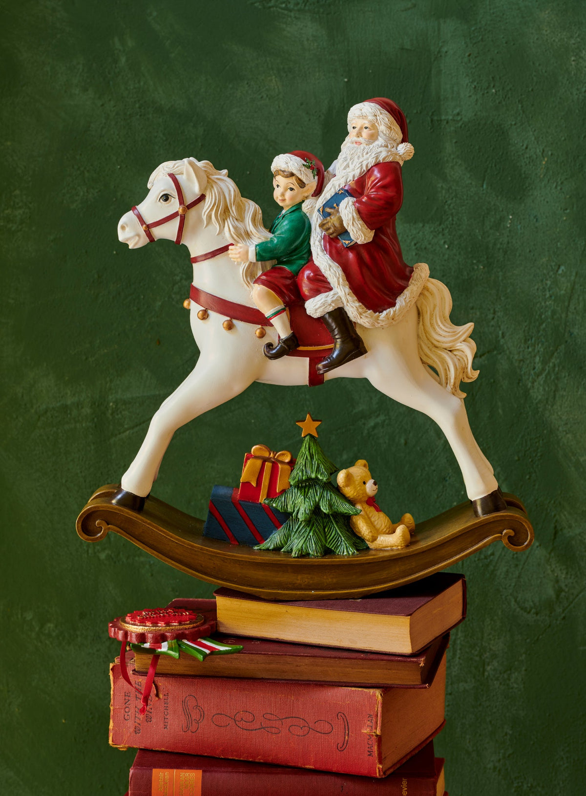 Santa-Boy on Rocking Horse  with small teddy H 34cm Party Perfetto