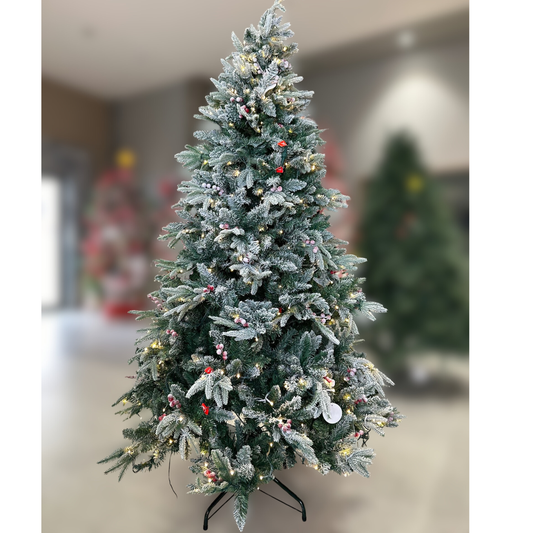 Pre Lit PVC Mix Snow Flock Red Berry Tree (7 ft) PartyPerfetto