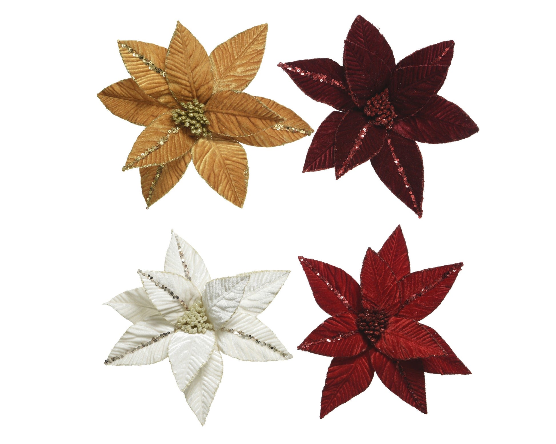 Poinsettia Flower With velvet  Spangles (Pack Of 4) Party Perfetto