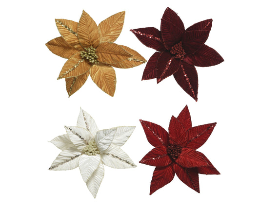 Poinsettia Flower With velvet  Spangles (Pack Of 4) Party Perfetto
