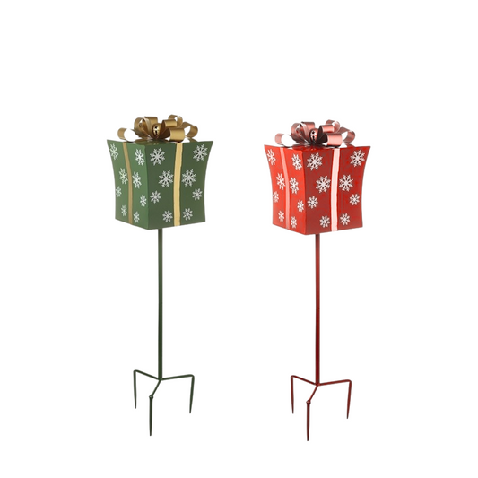 RED & GREEN CHRISTMAS PRESENT STAKE (SET OF 2)